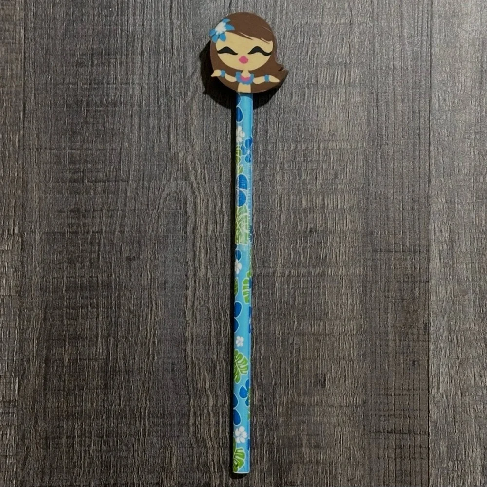 💞 New Blue Floral Pencil With Hawai’ian Hula Dancer Eraser